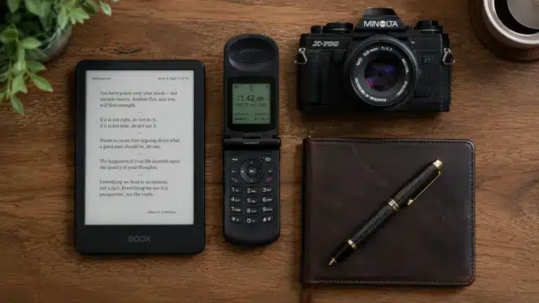A hyper-detailed, overhead flat-lay photograph capturing a minimalist wooden desk setup in the year 2026. Arranged neatly are several single-purpose, retro-futuristic analog and digital devices: a high-end black E-ink e-reader with clear text, a vintage 1990s flip phone with a custom matte finish, a classic mechanical film camera, and a premium leather-bound notebook with a luxury pen. The scene is bathed in soft, natural daylight, emphasizing textures. Professional product photography style, high resolution.