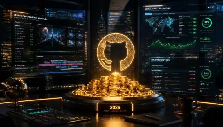 A cinematic 3D render of a futuristic 2026 command center. A glowing holographic GitHub Octocat logo sits on a mountain of digital gold coins, surrounded by floating glass screens. The screens display real-time business machines: an agentic video production timeline (OpenMontage), a stock market intelligence dashboard with green buy signals (Daily Stock Analysis), and a dark-mode cybersecurity terminal scanning for leaked secrets (Gitleaks). The scene is lit with 'Cyberpunk Gold' and deep blue, radiating high-wealth authority.