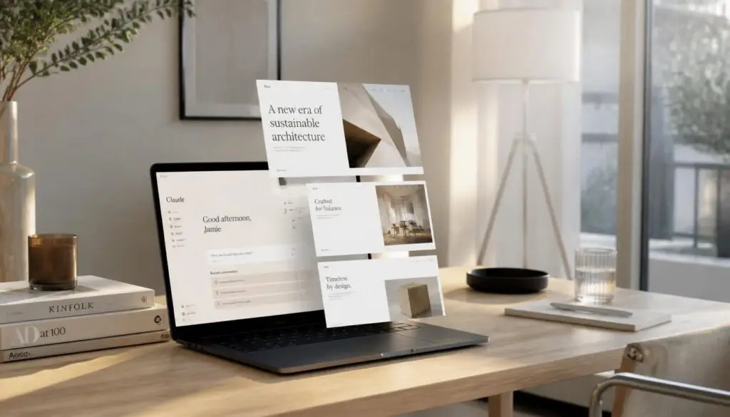 A premium editorial photograph of a sun-lit minimalist studio, where AI prompts are crafting expensive, high-end website designs on a laptop.