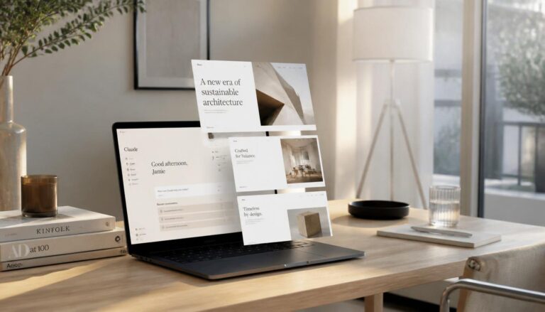 A premium editorial photograph of a sun-lit minimalist studio, where AI prompts are crafting expensive, high-end website designs on a laptop.