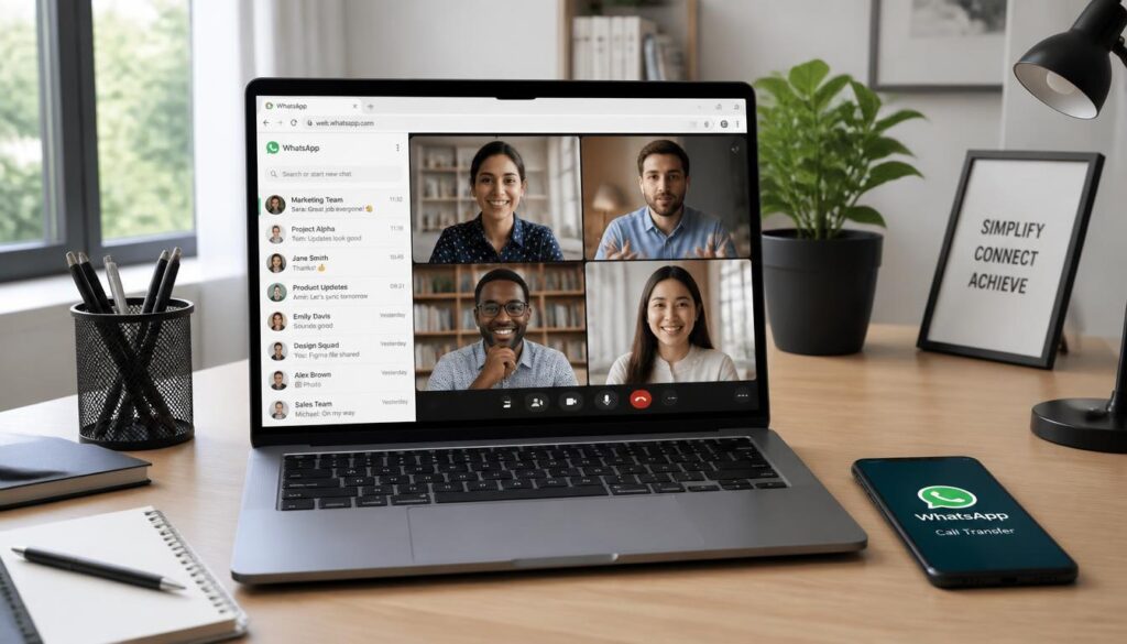 A minimalist home office desk featuring a laptop displaying a WhatsApp Web group video call directly in a browser window, with a smartphone nearby illustrating the new Call Transfer feature for seamless device switching .