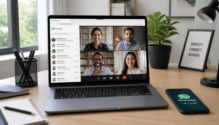 A minimalist home office desk featuring a laptop displaying a WhatsApp Web group video call directly in a browser window, with a smartphone nearby illustrating the new Call Transfer feature for seamless device switching .
