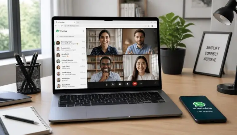 A minimalist home office desk featuring a laptop displaying a WhatsApp Web group video call directly in a browser window, with a smartphone nearby illustrating the new Call Transfer feature for seamless device switching .