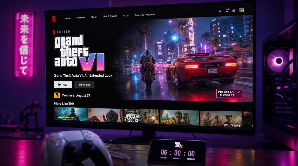 A high-end gaming monitor displaying the Netflix interface with the "GTA 6: An Extended Look" video, showing a PS5 controller and a smartphone with a six-hour countdown timer for the YouTube release .