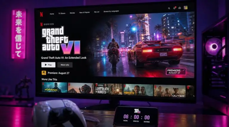 A high-end gaming monitor displaying the Netflix interface with the "GTA 6: An Extended Look" video, showing a PS5 controller and a smartphone with a six-hour countdown timer for the YouTube release .
